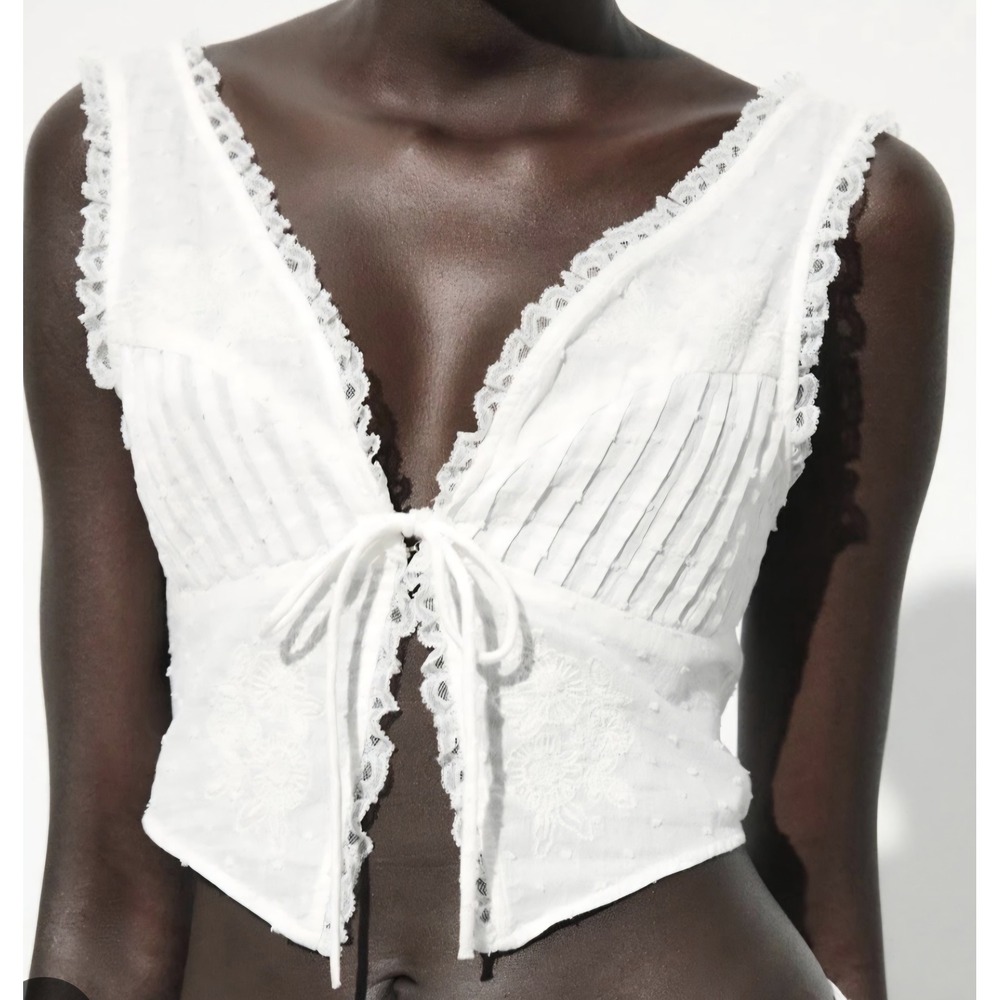 Zara‎ Boho Cottagecore Festival Embroidered Laced Sexy Cropped Cotton Top sz S